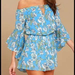 Lulus light blue floral off shoulder long sleeved romper